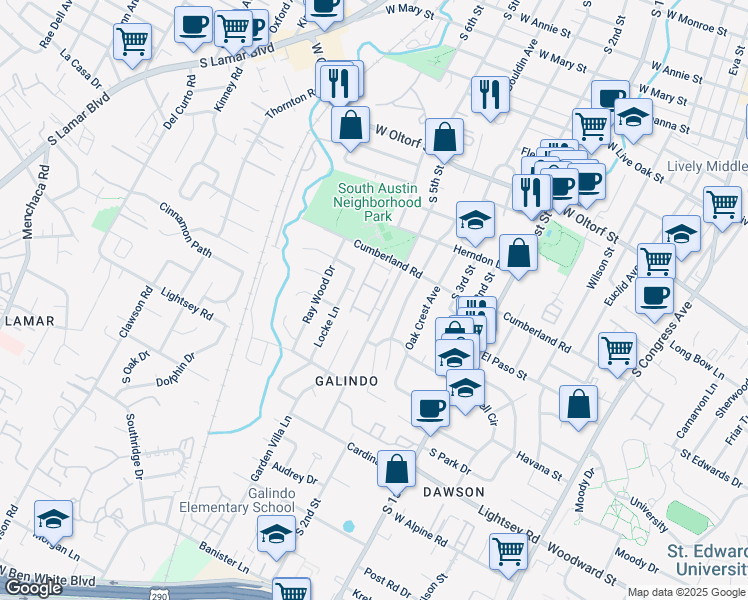 map of restaurants, bars, coffee shops, grocery stores, and more near 2732 Treble Lane in Austin