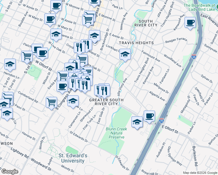 map of restaurants, bars, coffee shops, grocery stores, and more near 2217 Rebel Road in Austin