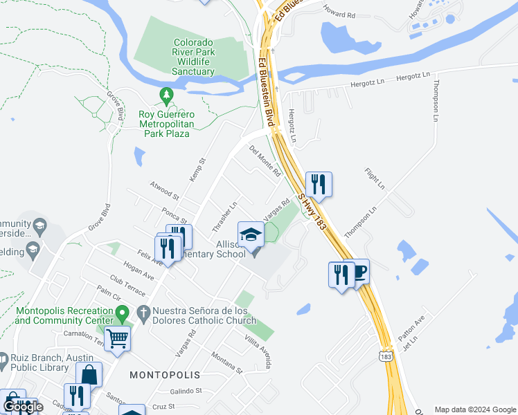 map of restaurants, bars, coffee shops, grocery stores, and more near 6332 El Mirando Street in Austin