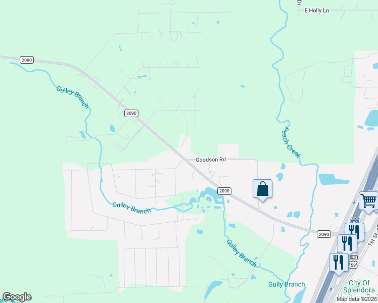 map of restaurants, bars, coffee shops, grocery stores, and more near 24943 Farm to Market Road 2090 in Splendora
