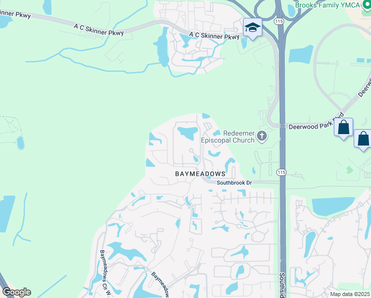 map of restaurants, bars, coffee shops, grocery stores, and more near 9601 Southbrook Drive in Jacksonville