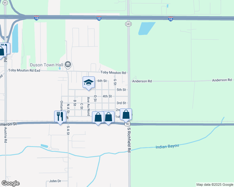 map of restaurants, bars, coffee shops, grocery stores, and more near 404 G Street in Duson
