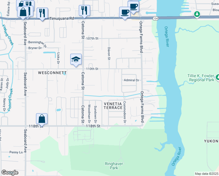 map of restaurants, bars, coffee shops, grocery stores, and more near 6097 Davon Street in Jacksonville