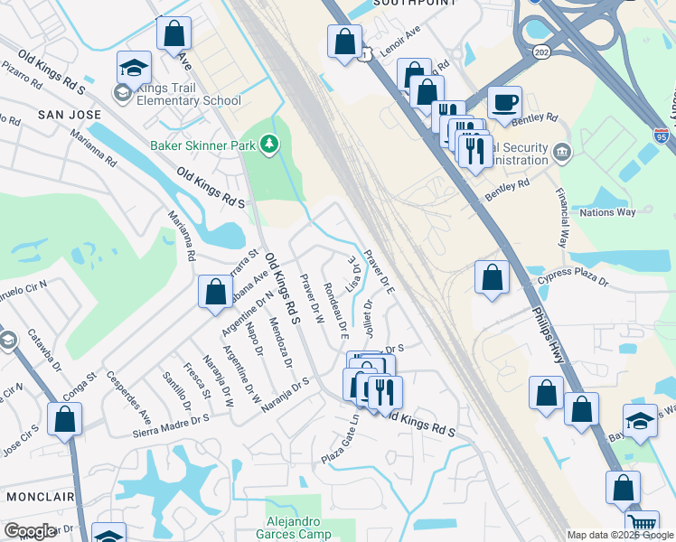 map of restaurants, bars, coffee shops, grocery stores, and more near 7840 Lisa Court in Jacksonville