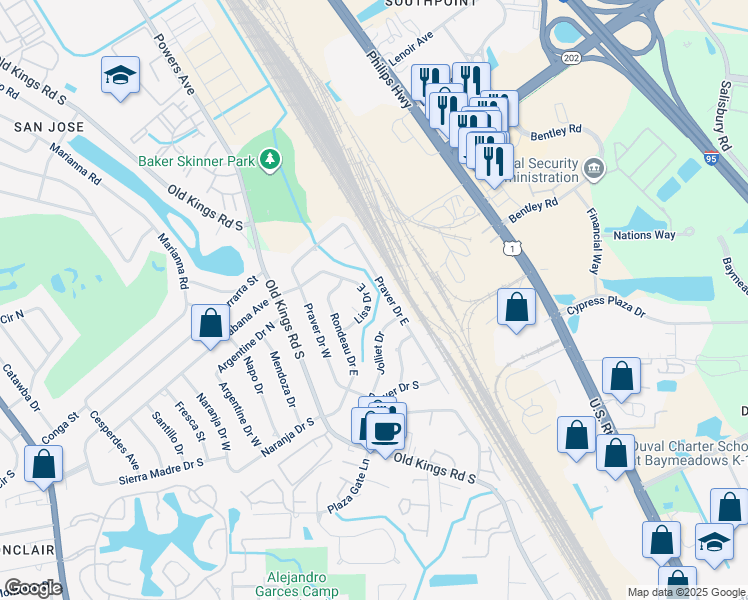 map of restaurants, bars, coffee shops, grocery stores, and more near 7811 Lisa Drive East in Jacksonville