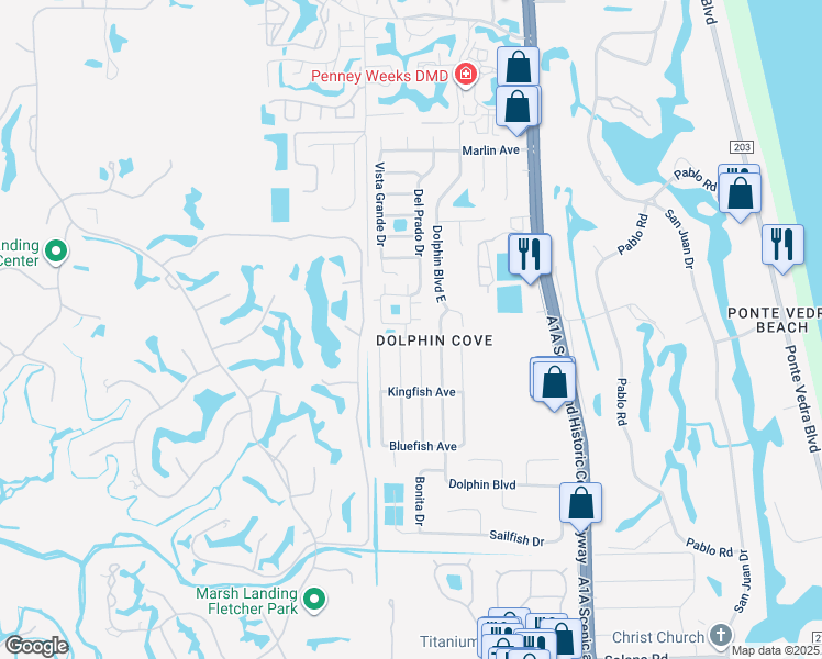 map of restaurants, bars, coffee shops, grocery stores, and more near 16 Ponte Vedra Court in Ponte Vedra Beach