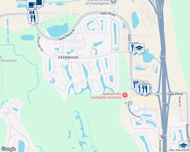 map of restaurants, bars, coffee shops, grocery stores, and more near 11172 Turnbridge Drive in Jacksonville