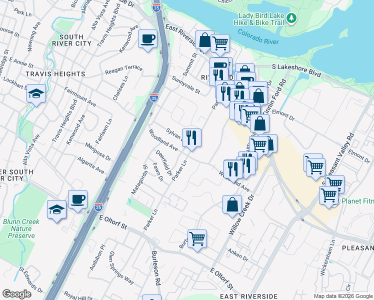 map of restaurants, bars, coffee shops, grocery stores, and more near 1701 Parker Lane in Austin