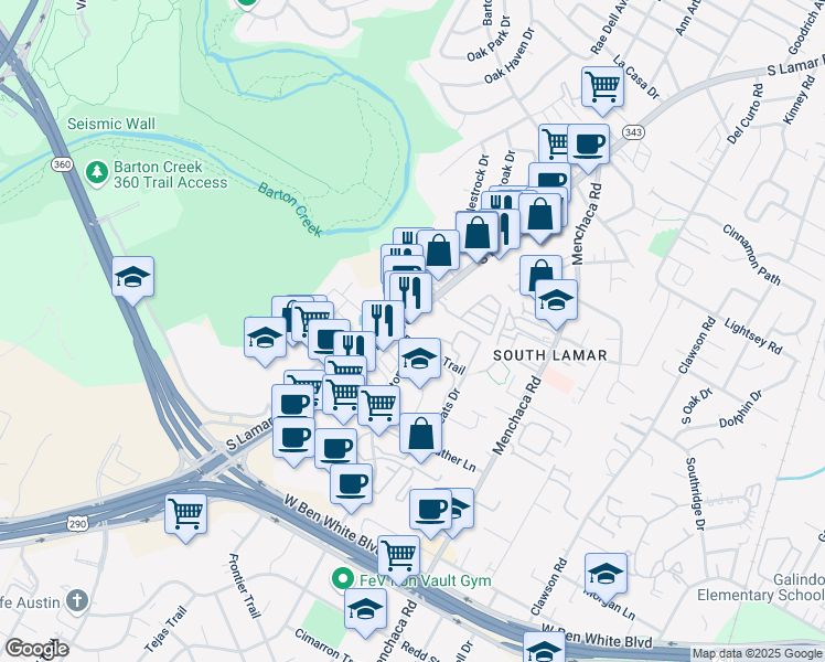 map of restaurants, bars, coffee shops, grocery stores, and more near 2200 Panther Trail in Austin