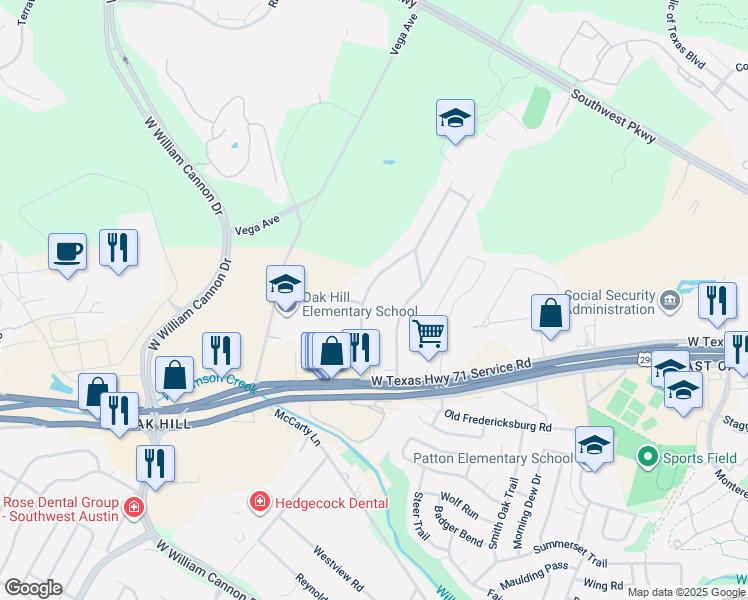 map of restaurants, bars, coffee shops, grocery stores, and more near 6104 Parkwood Drive in Austin