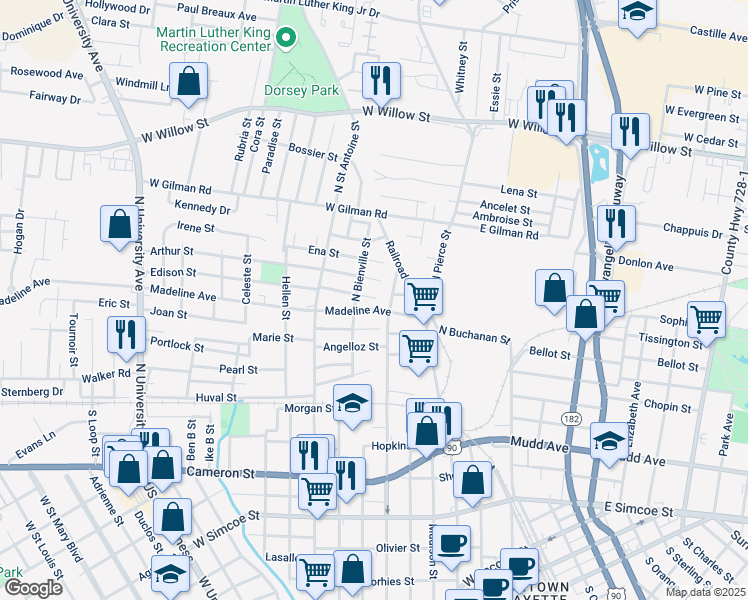 map of restaurants, bars, coffee shops, grocery stores, and more near 219 Edison Street in Lafayette