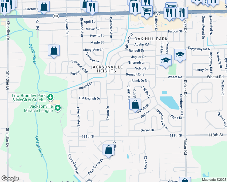 map of restaurants, bars, coffee shops, grocery stores, and more near 8064 Triumph Lane West in Jacksonville