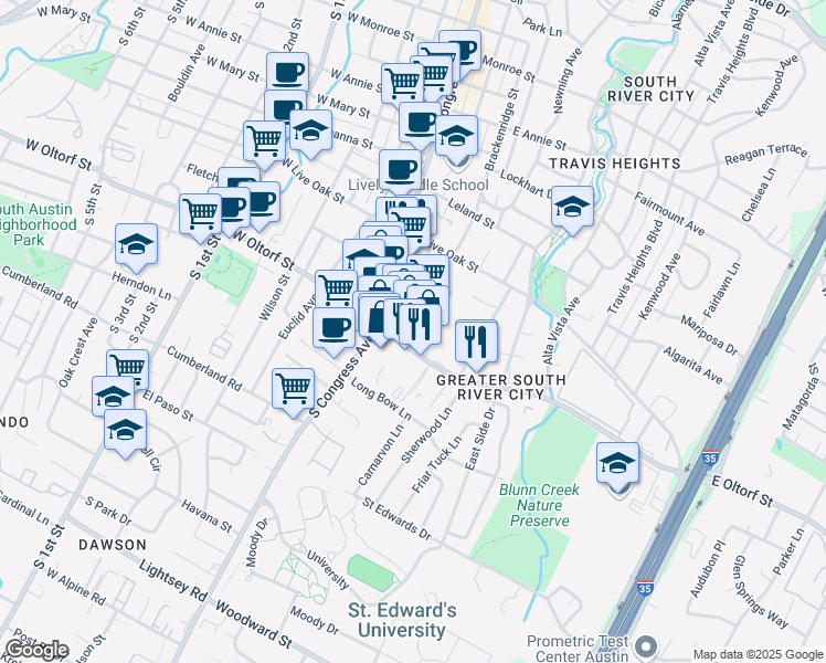 map of restaurants, bars, coffee shops, grocery stores, and more near 120 East Oltorf Street in Austin