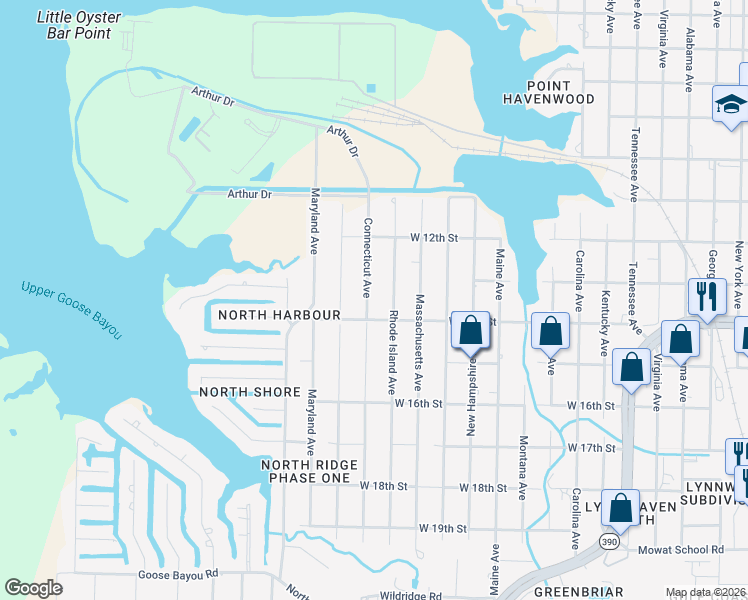 map of restaurants, bars, coffee shops, grocery stores, and more near 1305 Connecticut Avenue in Lynn Haven