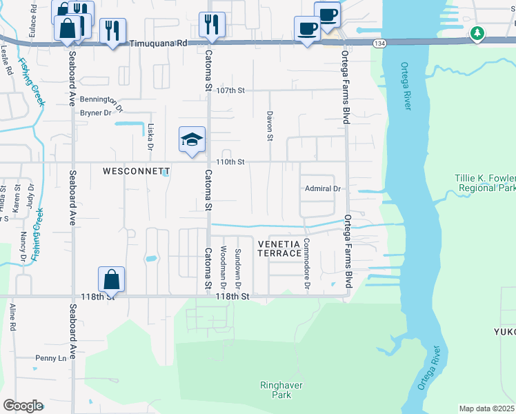 map of restaurants, bars, coffee shops, grocery stores, and more near 6097 Davon Street in Jacksonville