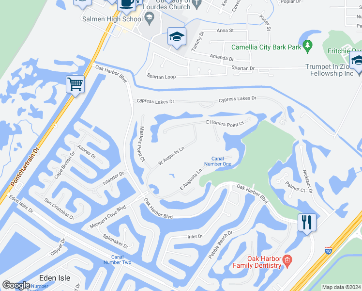 map of restaurants, bars, coffee shops, grocery stores, and more near 169 West Augusta Lane in Slidell