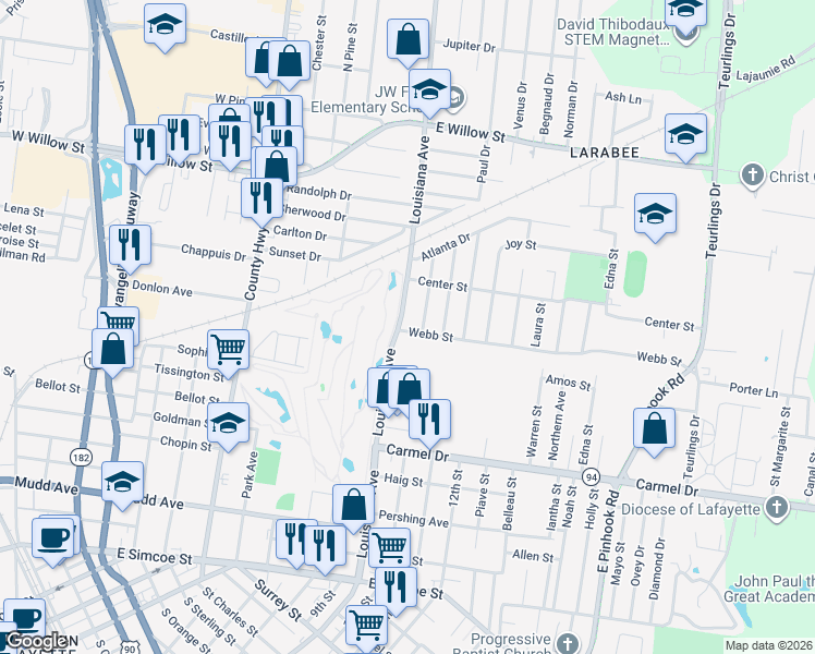 map of restaurants, bars, coffee shops, grocery stores, and more near 1600 Louisiana Avenue in Lafayette