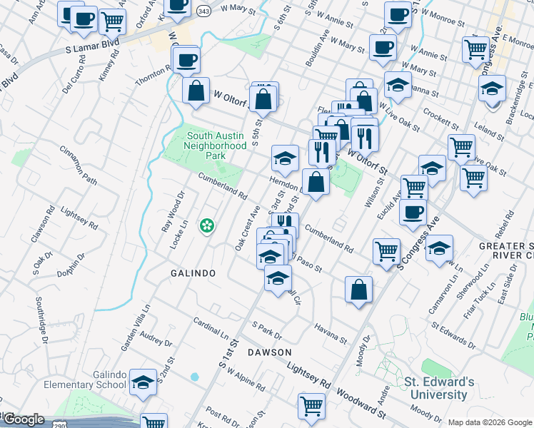 map of restaurants, bars, coffee shops, grocery stores, and more near 801 Cumberland Road in Austin