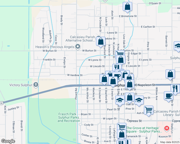 map of restaurants, bars, coffee shops, grocery stores, and more near 626 W Verdine St in Sulphur