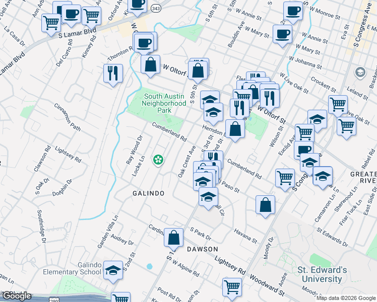 map of restaurants, bars, coffee shops, grocery stores, and more near 2706 Oak Crest Avenue in Austin