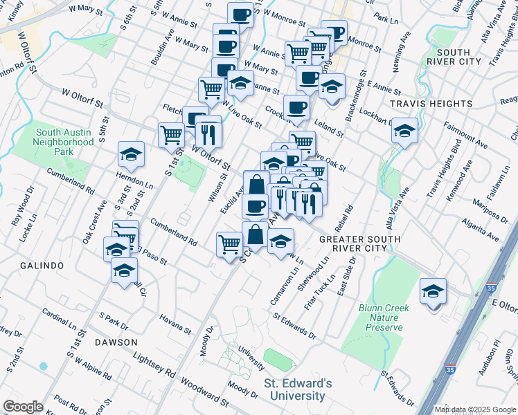 map of restaurants, bars, coffee shops, grocery stores, and more near 2400 South Congress Avenue in Austin