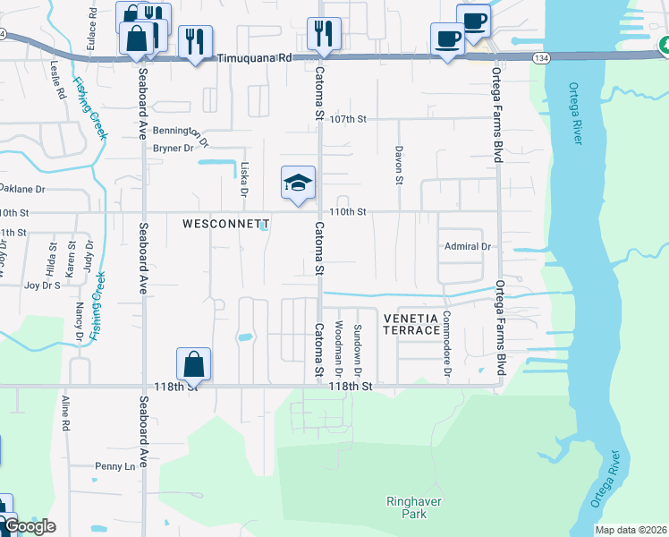 map of restaurants, bars, coffee shops, grocery stores, and more near 5360 Tequesta Court in Jacksonville