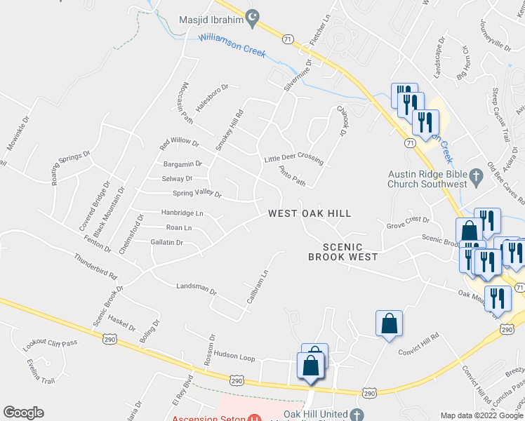 map of restaurants, bars, coffee shops, grocery stores, and more near 7224 Scenic Brook Drive in Austin