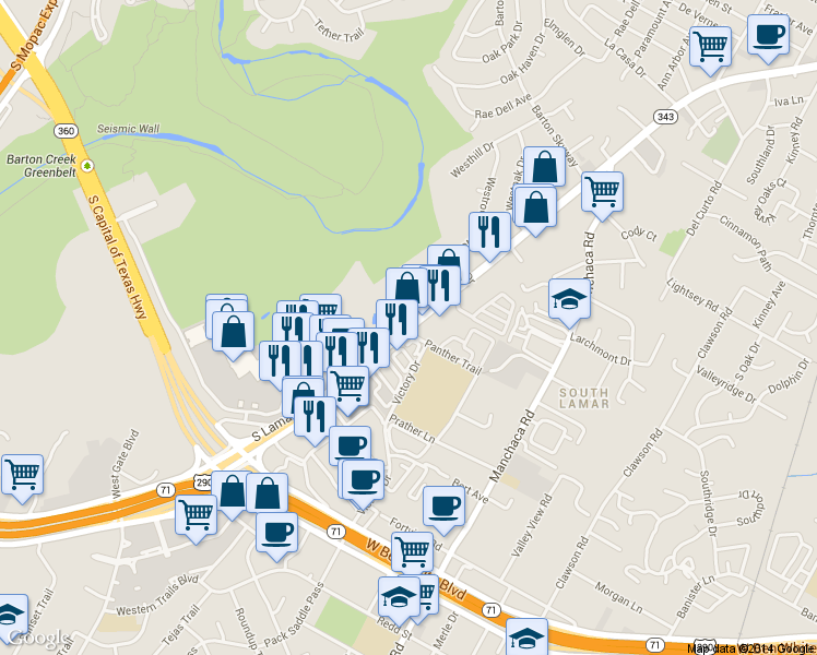 map of restaurants, bars, coffee shops, grocery stores, and more near 3800 South Lamar Boulevard in Austin
