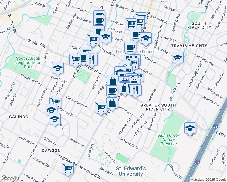 map of restaurants, bars, coffee shops, grocery stores, and more near 2400 South Congress Avenue in Austin