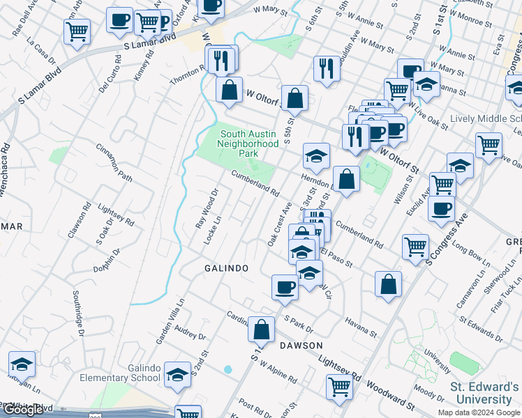 map of restaurants, bars, coffee shops, grocery stores, and more near 2732 Treble Lane in Austin
