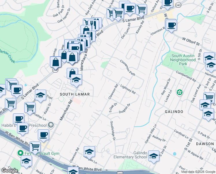 map of restaurants, bars, coffee shops, grocery stores, and more near 3301 Aldwyche Drive in Austin