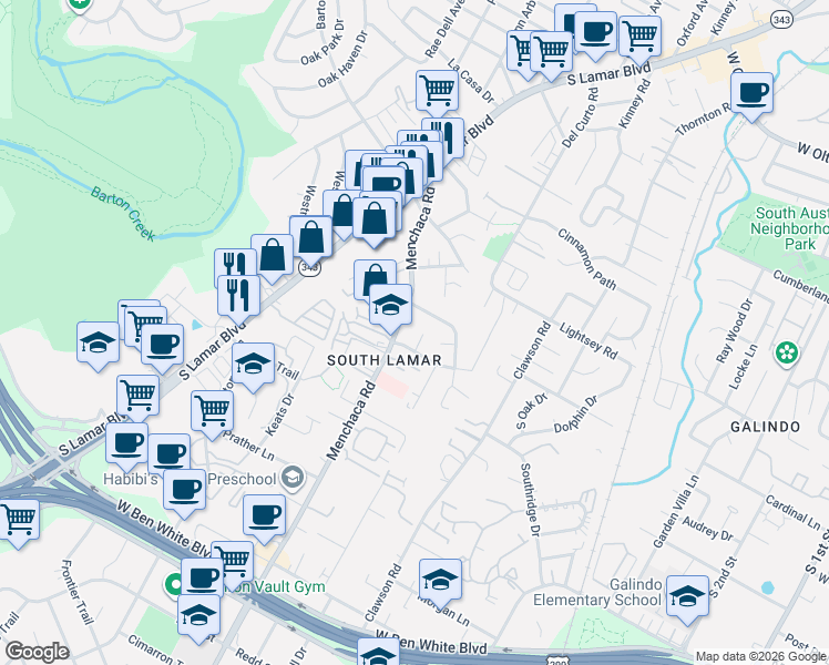 map of restaurants, bars, coffee shops, grocery stores, and more near 3506 Larchmont Cove in Austin