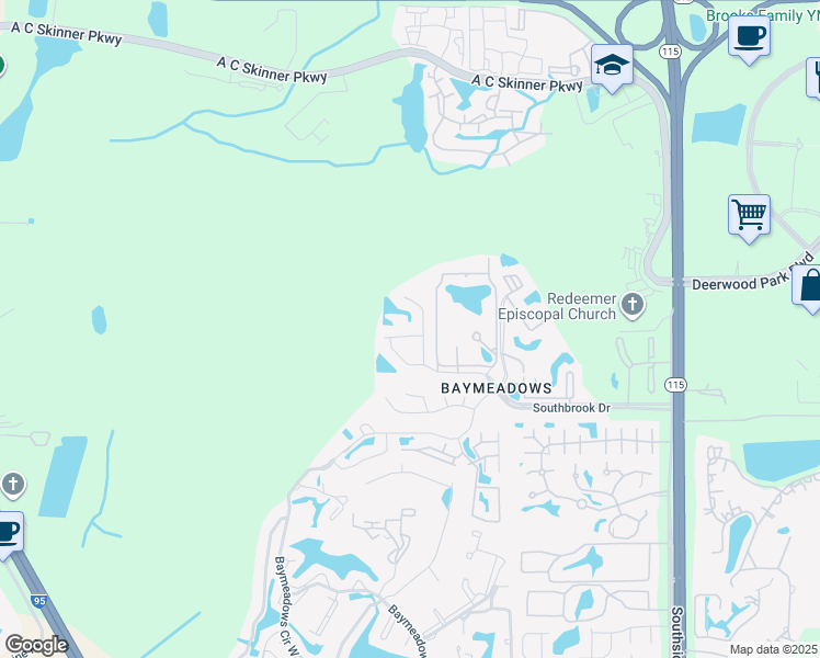map of restaurants, bars, coffee shops, grocery stores, and more near 9543 Thornaby Lane in Jacksonville