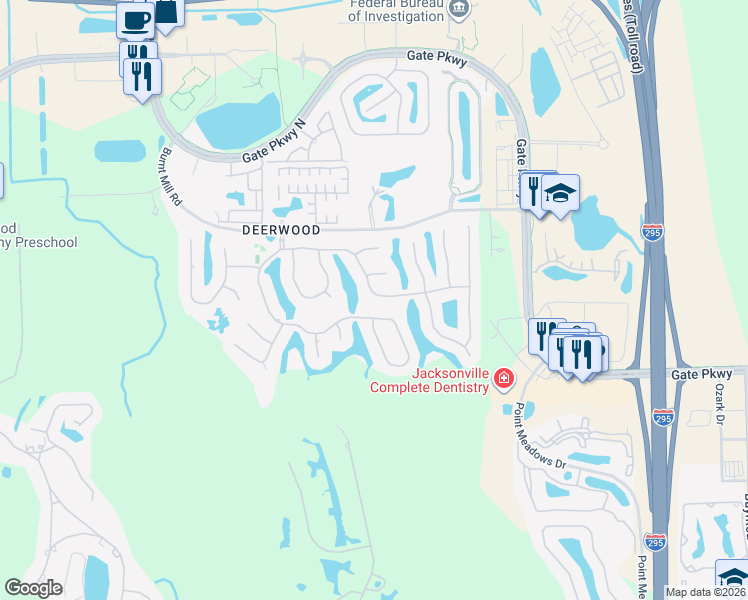 map of restaurants, bars, coffee shops, grocery stores, and more near 11172 Turnbridge Drive in Jacksonville