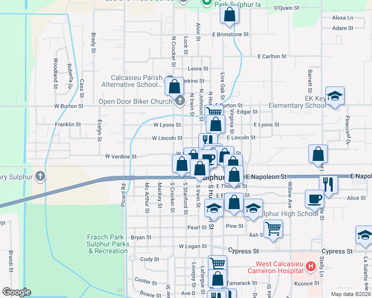 map of restaurants, bars, coffee shops, grocery stores, and more near 310 West Verdine Street in Sulphur