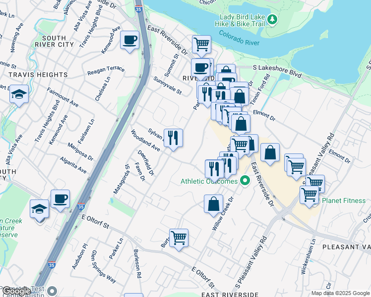 map of restaurants, bars, coffee shops, grocery stores, and more near 1616 Royal Crest Drive in Austin
