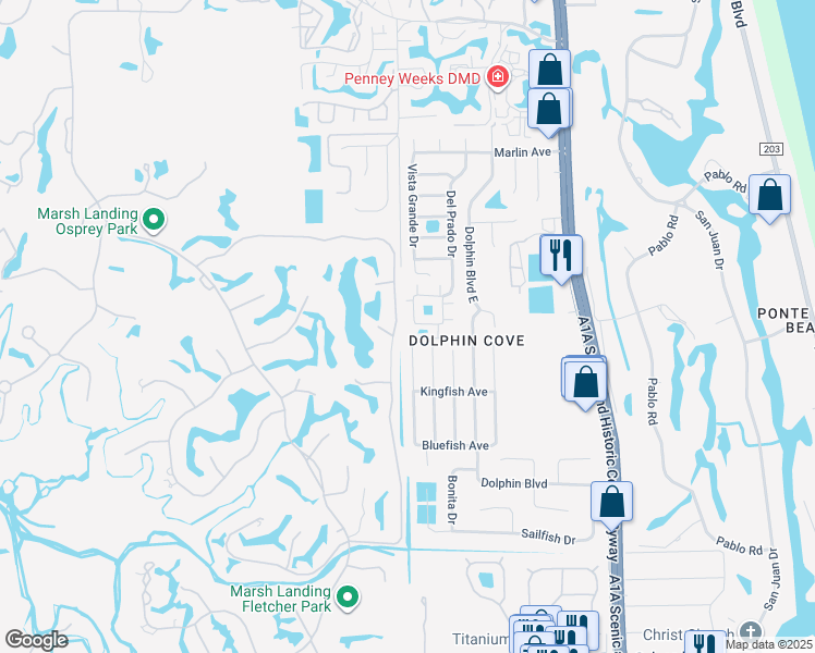 map of restaurants, bars, coffee shops, grocery stores, and more near 193 Linkside Circle in Ponte Vedra Beach