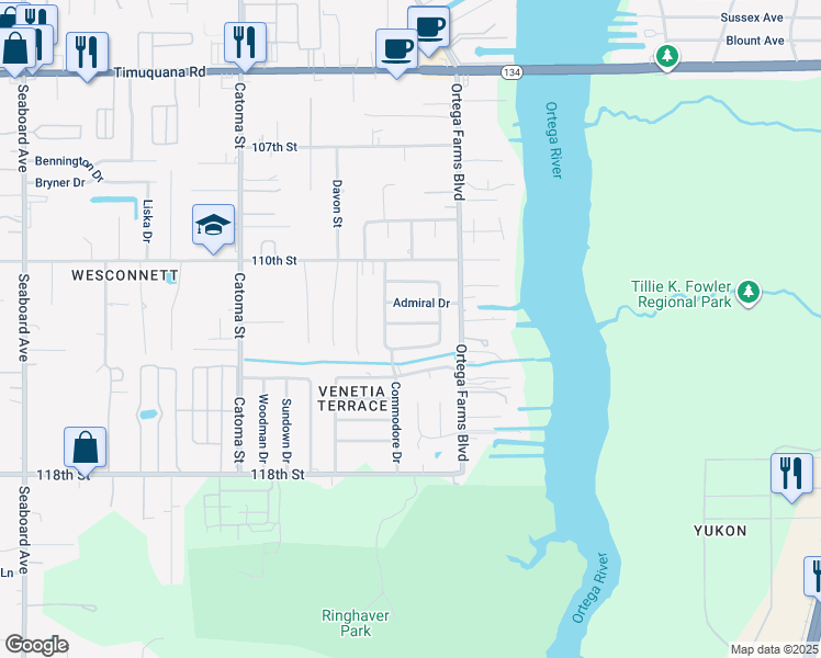 map of restaurants, bars, coffee shops, grocery stores, and more near 5130 Corsair Avenue in Jacksonville