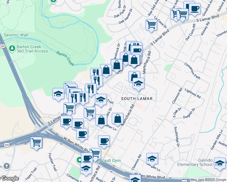 map of restaurants, bars, coffee shops, grocery stores, and more near 3505 South Lamar Boulevard in Austin