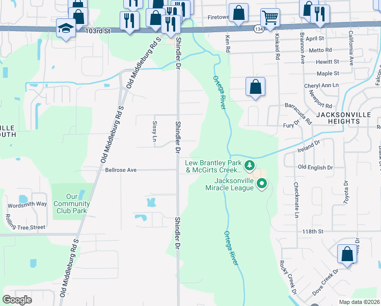 map of restaurants, bars, coffee shops, grocery stores, and more near 8713 Hencken Avenue in Jacksonville