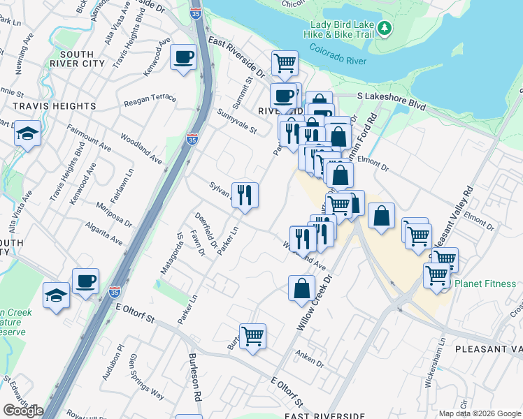 map of restaurants, bars, coffee shops, grocery stores, and more near 1616 Royal Crest Drive in Austin