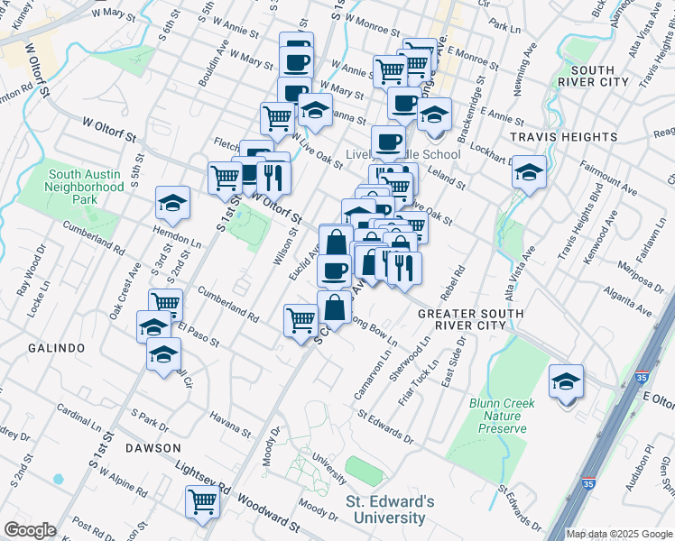 map of restaurants, bars, coffee shops, grocery stores, and more near 2400 South Congress Avenue in Austin