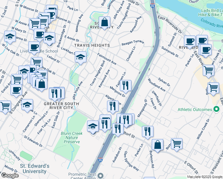 map of restaurants, bars, coffee shops, grocery stores, and more near 1119 Mariposa Drive in Austin