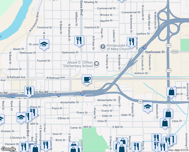 map of restaurants, bars, coffee shops, grocery stores, and more near 100 North Prater Street in Lake Charles