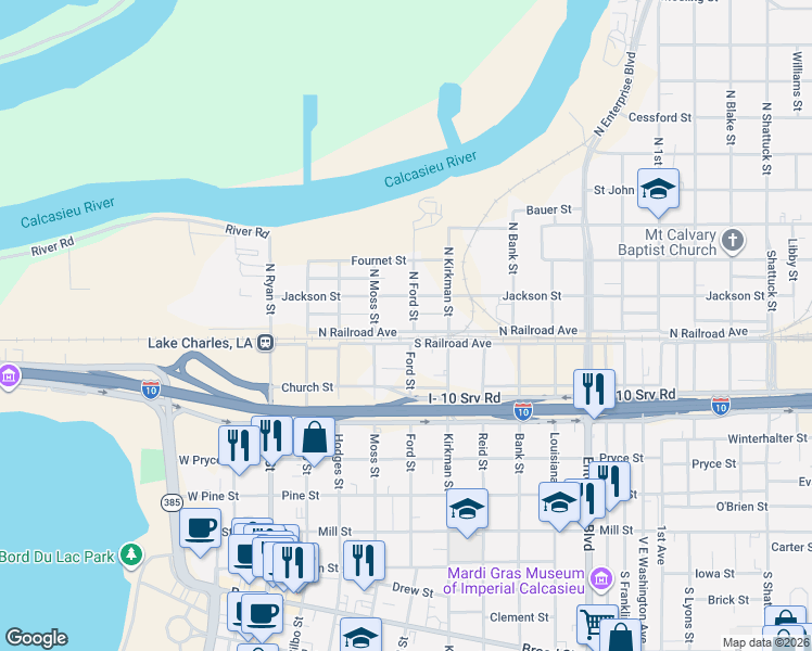 map of restaurants, bars, coffee shops, grocery stores, and more near 601-699 North Railroad Avenue in Lake Charles