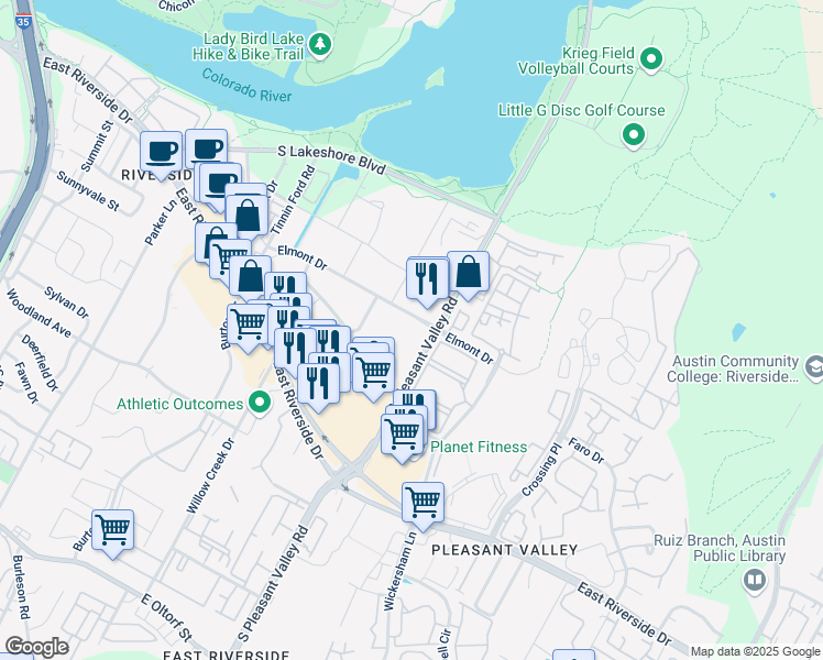 map of restaurants, bars, coffee shops, grocery stores, and more near 2515 Elmont Drive in Austin
