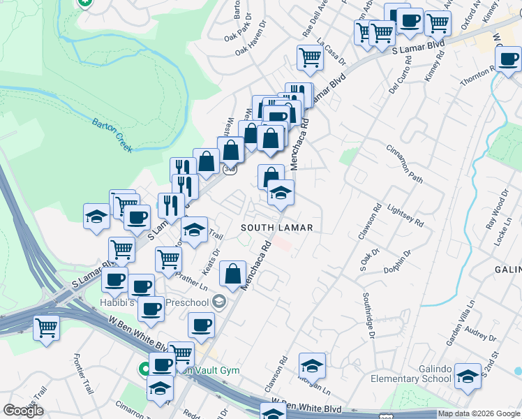 map of restaurants, bars, coffee shops, grocery stores, and more near 3506 Manchaca Road in Austin
