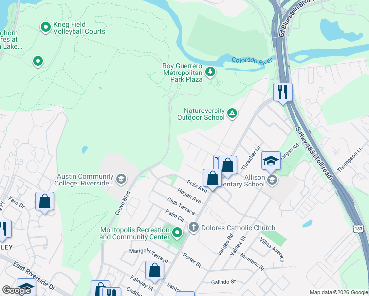 map of restaurants, bars, coffee shops, grocery stores, and more near 6011 Ponca Street in Austin