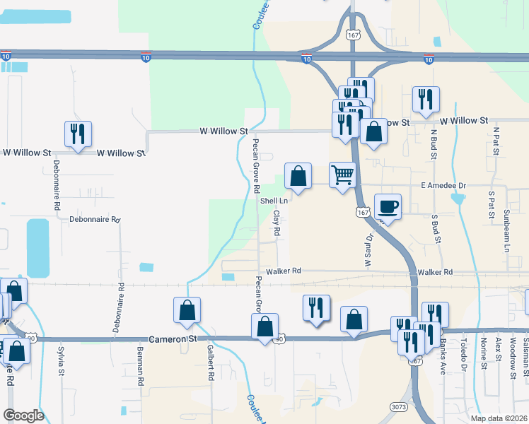 map of restaurants, bars, coffee shops, grocery stores, and more near 420 Pecan Grove Road in Scott