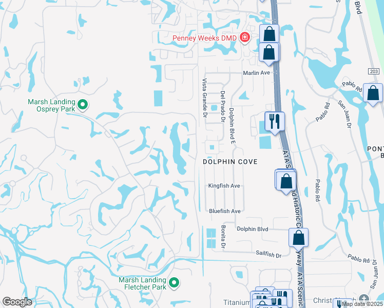 map of restaurants, bars, coffee shops, grocery stores, and more near 193 Linkside Circle in Ponte Vedra Beach